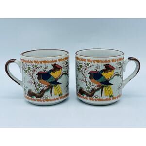 Vintage Japanese Satsuki Bird and Cherry Blossom Stoneware Cups